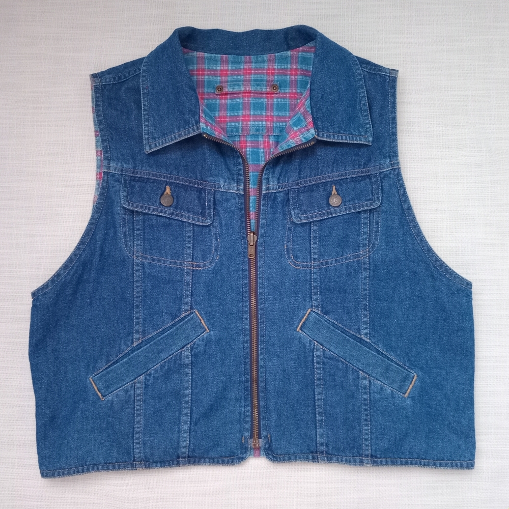 Lizwear Women's Blue Denim Vest Plaid Lining Reversible Vintage Size M